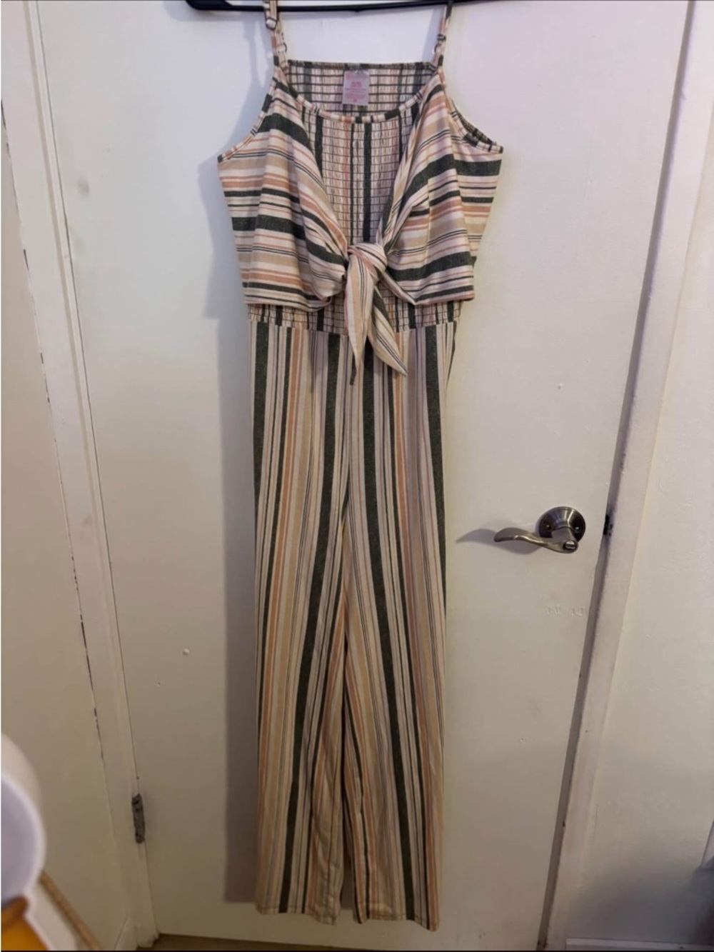 Striped Tie-Front Jumpsuit in Sage and Cream